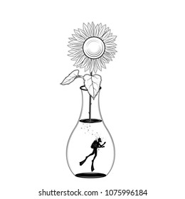 Scuba diving silhouette in jar of sunflower on white background. vector illustration isolated. Sport underwater. Diving school, Scuba school. tattoo design. for freedom.