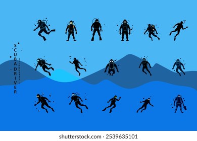 Scuba Diving Silhouette set under  water  