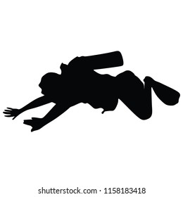 Scuba diving silhouette vector illustration isolated on white background.. Sport underwater, lake, sea, glove and flashlight, mask and snorkel. Diving school, Scuba school. Beach fun, fishing,swimming