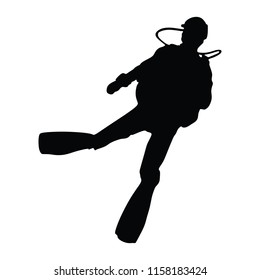 Scuba diving silhouette vector illustration isolated on white background.. Sport underwater, lake, sea, glove and flashlight, mask and snorkel. Diving school, Scuba school. Beach fun, fishing,swimming