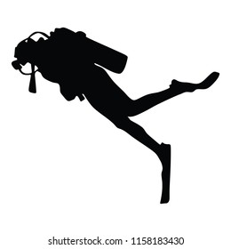 Scuba diving silhouette vector illustration isolated on white background.. Sport underwater, lake, sea, glove and flashlight, mask and snorkel. Diving school, Scuba school. Beach fun, fishing,swimming