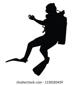 Scuba diving silhouette vector illustration isolated on white background.. Sport underwater, lake, sea, glove and flashlight, mask and snorkel. Diving school, Scuba school. Beach fun, fishing,swimming