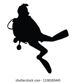 Scuba diving silhouette vector illustration isolated on white background.. Sport underwater, lake, sea, glove and flashlight, mask and snorkel. Diving school, Scuba school. Beach fun, fishing,swimming