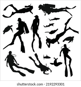 Scuba diving silhouette vector illustration isolated on white background. Sport underwater, lake, sea, glove and flashlight, mask, and snorkel. Diving school, Beach fun, fishing, swimming