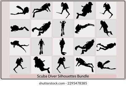 Scuba diving silhouette vector illustration isolated on white background,Black silhouette scuba divers. Vector illustration,Scuba diving silhouette,Scuba diving silhouette vector illustration isolated
