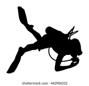 Scuba diving silhouette vector illustration isolated on white background.. Sport underwater, water sea, glove and flashlight, mask and snorkel. Diving school, Scuba school. Beach fun, fishing,swimming