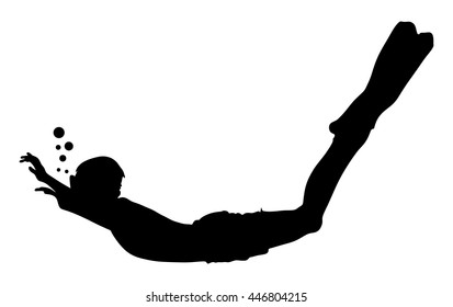 Scuba diving silhouette vector illustration isolated on white background.. Sport underwater. Diving school, scuba school. Beach fun, fishing and swimming.