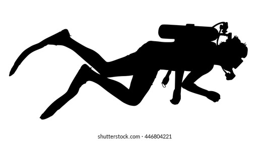 Scuba diving silhouette vector illustration isolated on white background.. Sport underwater. Diving school, scuba school. Beach fun, fishing and swimming.