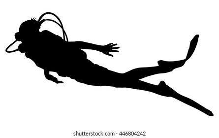 Scuba diving silhouette vector illustration isolated on white background. Sport underwater. Diving school, scuba school. Beach fun, fishing and swimming. Grebe symbol. Diver with equipment symbol.