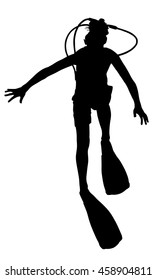 Scuba diving silhouette vector illustration isolated on white background. Sport underwater. Diving school, scuba school. Beach fun, fishing and swimming. Diver man ocean expedition.