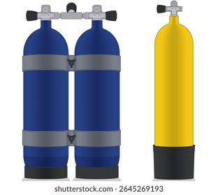scuba diving, scuba single cylinder with valve and set of twin cylinders isolated on a white background