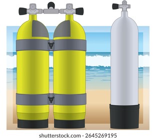 scuba diving, scuba single cylinder with valve and set of twin cylinders standing on the ocean beach background
