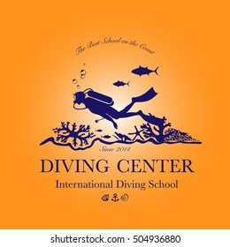 Scuba diving and snorkeling center or school logo. Scuba diver swimming underwater over beautiful corals. Vector Illustration