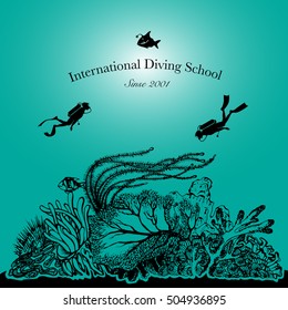 Scuba diving and snorkeling center or school logo. Scuba diver swimming underwater over beautiful corals. Vector Illustration