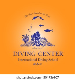 Scuba diving and snorkeling center or school logo. Scuba diver swimming underwater over beautiful corals. Vector Illustration