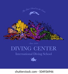 Scuba diving and snorkeling center or school logo. Scuba diver swimming underwater over beautiful corals. Vector Illustration