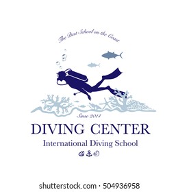 Scuba diving and snorkeling center or school logo. Scuba diver swimming underwater over beautiful corals. Vector Illustration