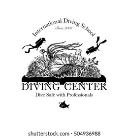 Scuba diving and snorkeling center or school logo. Scuba diver swimming underwater over beautiful corals. Vector Illustration