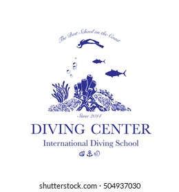 Scuba diving and snorkeling center or school logo. Scuba diver swimming underwater over beautiful corals. Vector Illustration