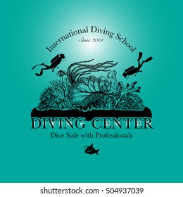 Scuba diving and snorkeling center or school logo. Scuba diver swimming underwater over beautiful corals. Vector Illustration