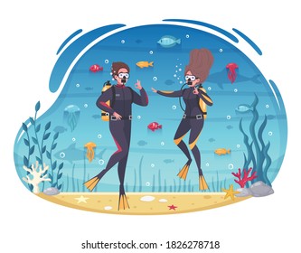 Scuba diving snorkeling couple in wetsuits among colorful fish and corals cartoon composition underwater background vector illustration 