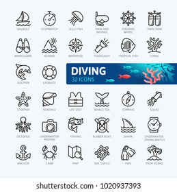 Submarinismo Scuba, snorkeling elementos - juego mínimo de líneas delgadas. Colección de iconos de esquema. Simple ilustración vectorial.