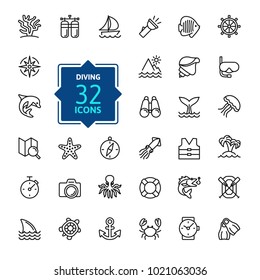 Scuba Diving and Snorkeling elements - minimal thin line web icon set. Outline icons collection. Simple vector illustration.