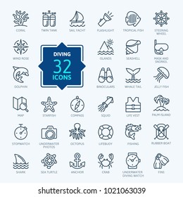 Scuba Diving and Snorkeling elements - minimal thin line web icon set. Outline icons collection. Simple vector illustration.