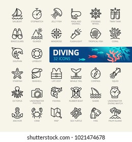 Scuba Diving and Snorkeling elements - minimal thin line web icon set. Outline icons collection. Simple vector illustration.