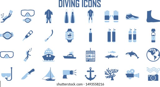 Scuba diving, snorkeling elements - minimal flat web icon set. flat icons collection. Simple mono symbol vector illustration. Blue tone color.