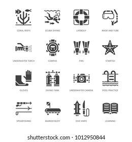 Scuba diving, snorkeling flat glyph icons. Spearfishing equipment - mask tube, flippers, swim suit, diver. Water sport, summer activity silhouette signs. Pixel perfect 64x64.