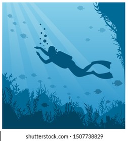 Scuba diving, snorkeling flat vector illustration. Diver in swimsuit with flippers silhouette. Underwater activity, marine adventure. Active summer recreation, aquatic tourism, exotic leisure.