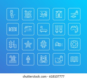 Scuba diving, snorkeling line icons. Spearfishing equipment, mask tube, flippers, swim suit. Water sport thin linear signs.