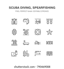 Scuba diving, snorkeling line icons. Spearfishing equipment - mask tube, flippers, swim suit, diver. Water sport, summer activity thin linear signs. Pixel perfect 64x64.