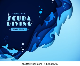 Scuba diving, snorkeling and marine life concept in style paper art craft. Origami of cut out layers cardboard of underwater seascape: undersea world and ocean wildlife: reef, water waves and dolphins