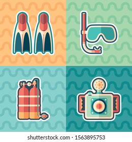 Scuba diving and snorkeling sticker flat icon set.