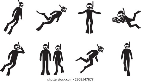 Scuba diving snorkeling and underwater exploration silhouettes