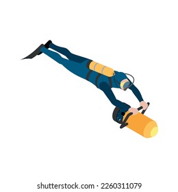 Scuba diving snorkelling isometric composition with isolated human character floating under water vector illustration