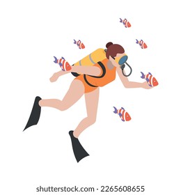 Scuba diving snorkelling isometric composition with isolated human character floating under water vector illustration