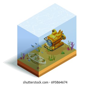 Scuba diving snorkelling isometric composition with bathyscaph and sea bottom with fishes and water grass vector illustration