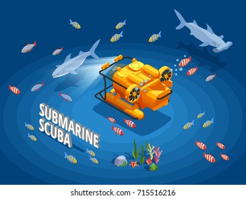 Scuba diving snorkelling isometric composition with orange bathyscaph surrounded by different fishes and seaweed with text vector illustration