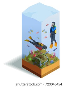 Scuba diving snorkelling isometric composition of two human characters in diving suits over the sea bottom vector illustration