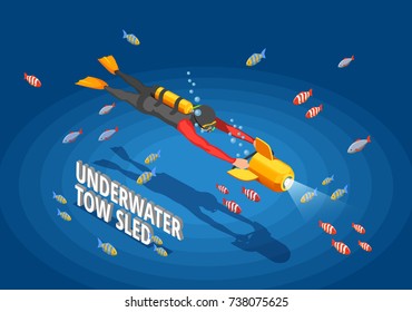 Scuba diving snorkelling isometric composition with human character in wet suit with spotlight and cumbersome text vector illustration