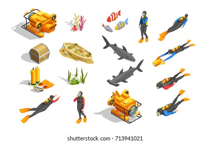 Scuba diving snorkelling isometric icons with isolated human characters wet suit equipment bathyscaph and  ground objects vector illustration