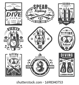 Scuba diving and spearfishing vintage logo, badge, emblem set, vector monochrome illustration. Deep diving school, club, shop black labels isolated on white background. Underwater adventure.