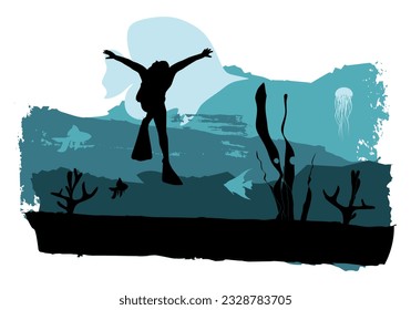 Scuba diving sport concept. Underwater landscape. Marine life and fauna. Diver icon. Brush paint backdrop.