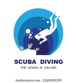 Scuba diving sport logo, under water, vector illustrator, silhouette, logo design.