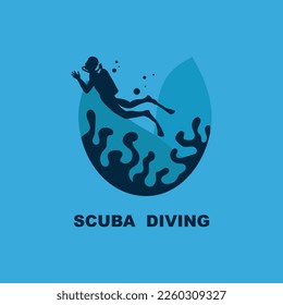 Scuba diving sport logo, under water, vector illustrator, silhouette, logo design.