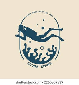 Scuba diving sport logo, under water, vector illustrator, silhouette, logo design.