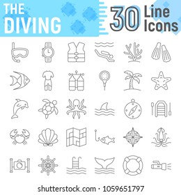 Scuba diving thin line icon set, underwater symbols collection, vector sketches, logo illustrations, sea signs linear pictograms package isolated on white background, eps 10.